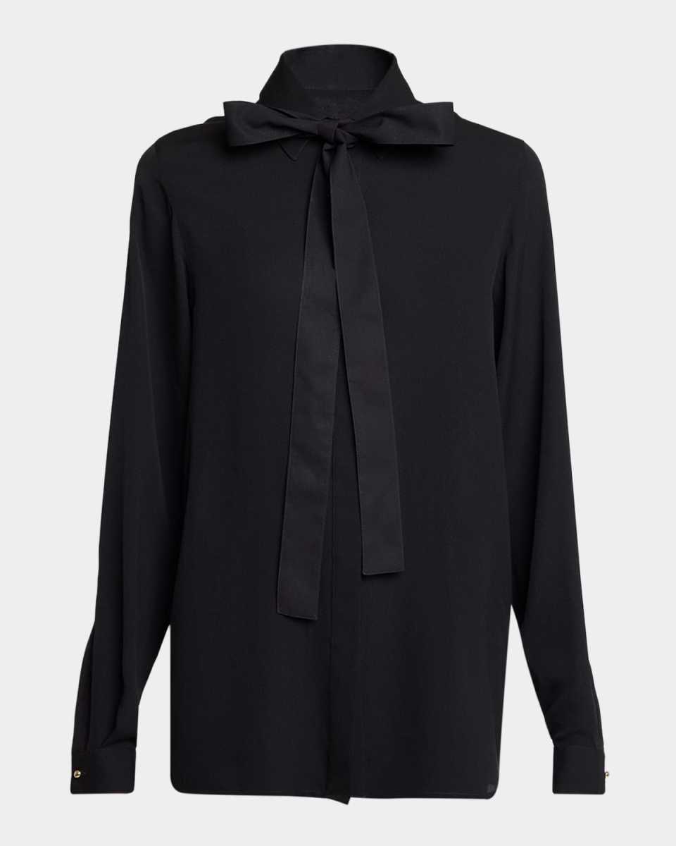 Silk Neck-Bow Button-Down Shirt